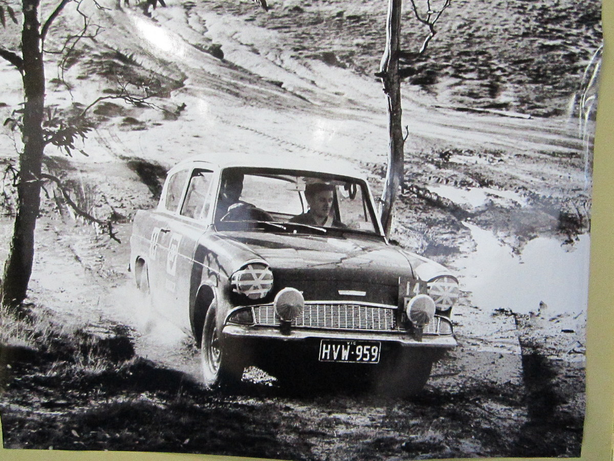 A Ford Anglia pictured in an early BP Rally