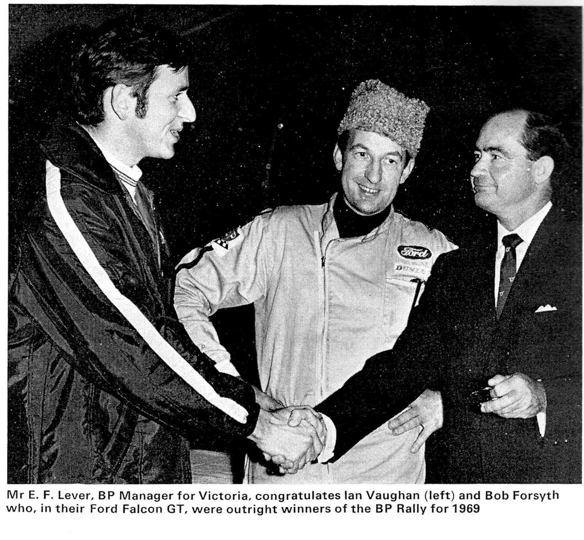 1969 BP Rally, winners Ian Vaughan and Bob Forsyth being congratulated by the BP Manager.