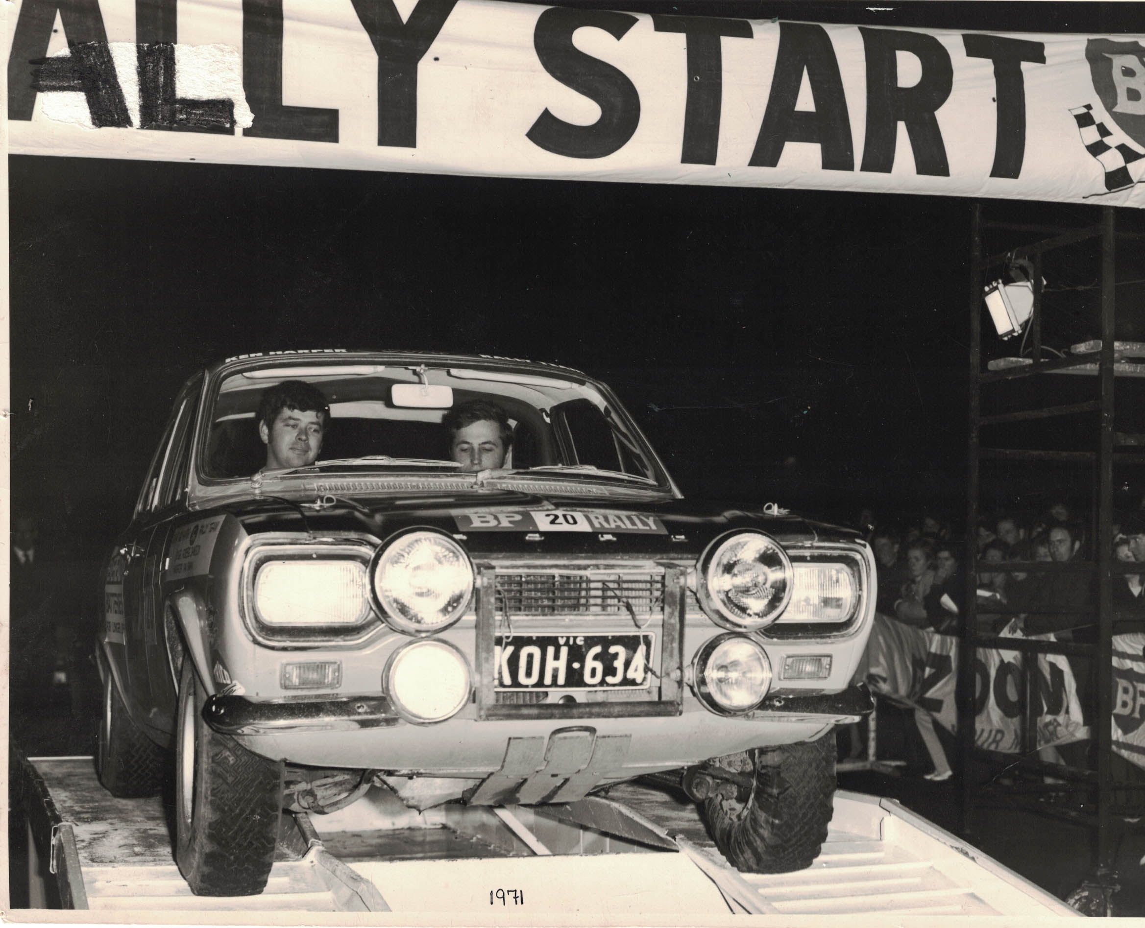 Robbie Dawson and Ian Swan, car 20 on the start ramp 1971 BP Rally.